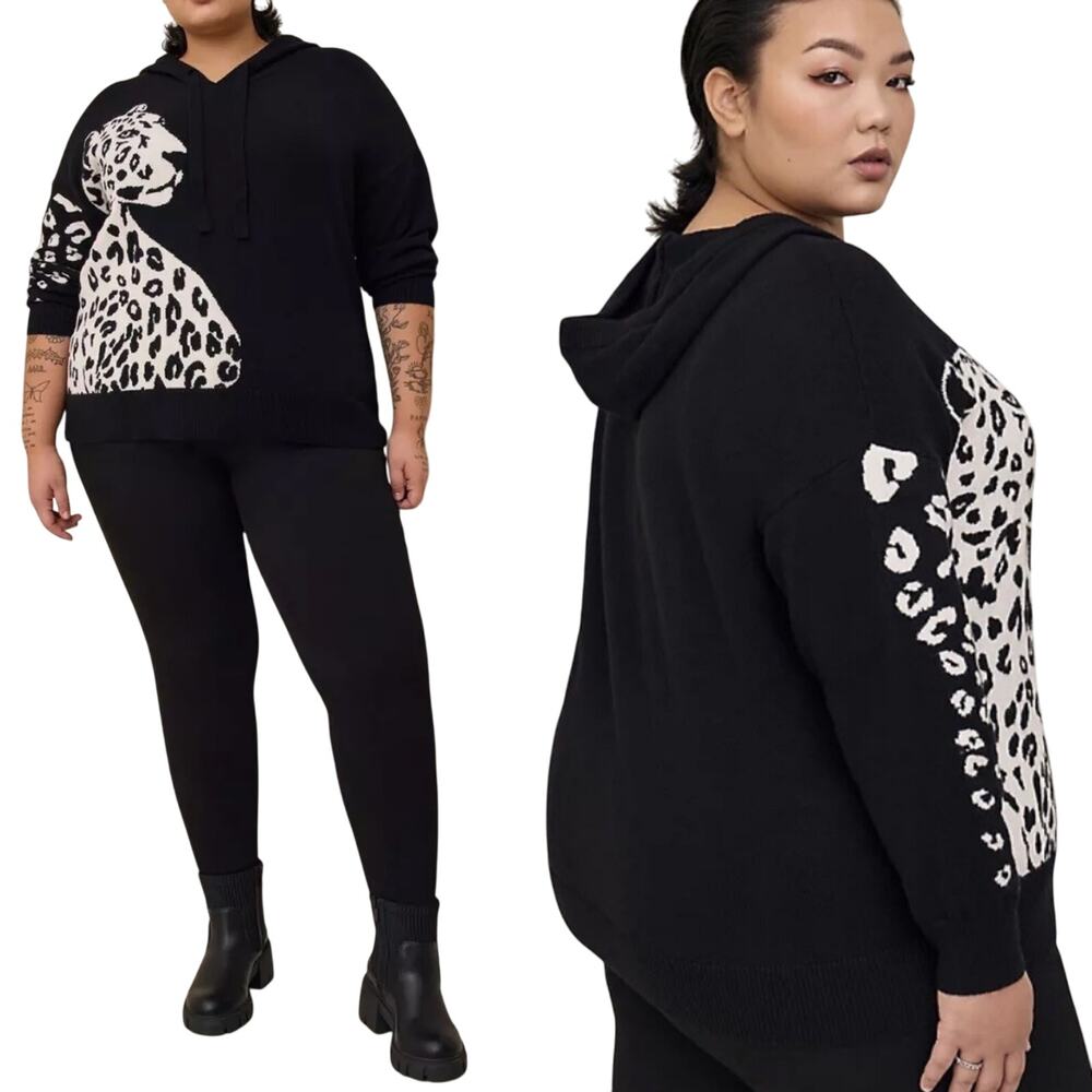 Torrid Knit Leopard Graphic Hooded Sweater Intarsia Knit Black White Womens 1X